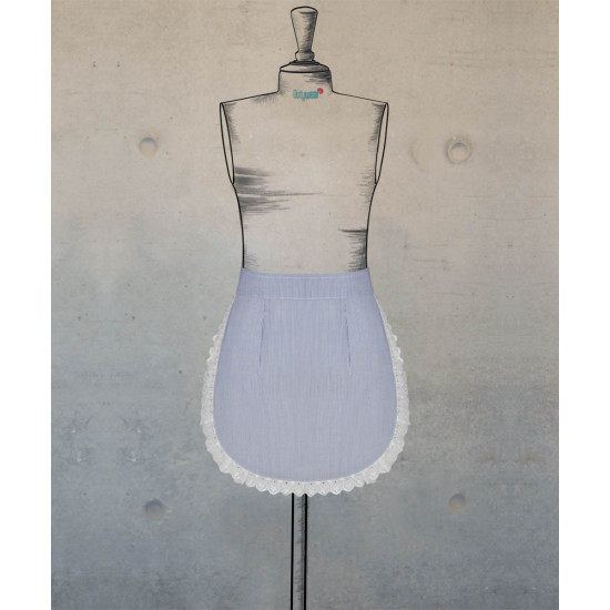 Round Waist Apron - Blue-White Pinstripes With Lace