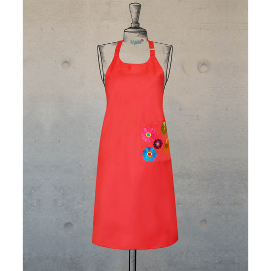 Female Bib Apron - Flowered Embroidery - Coral