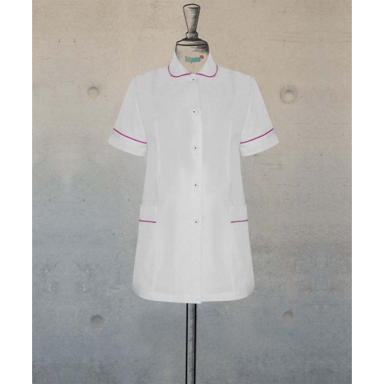 Female Tunic With Round Collar - White With Fuchsia Details