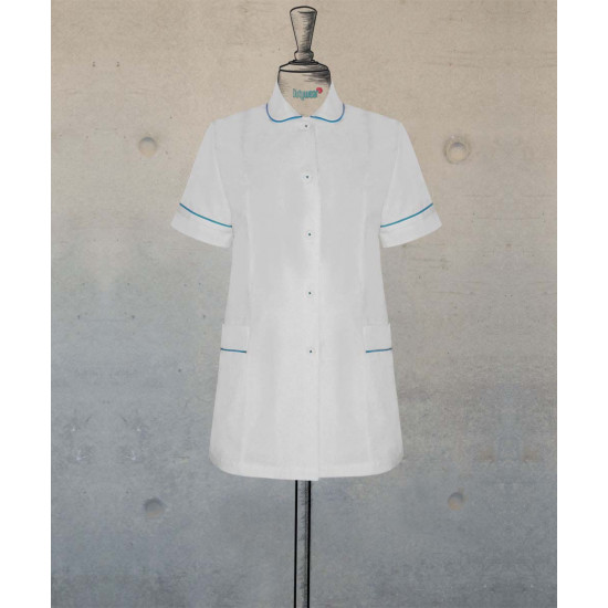 Female Tunic With Round Collar - White With Turquoise Details