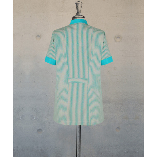 Female Tunic With Mandarin Collar - Green Beige Stripes