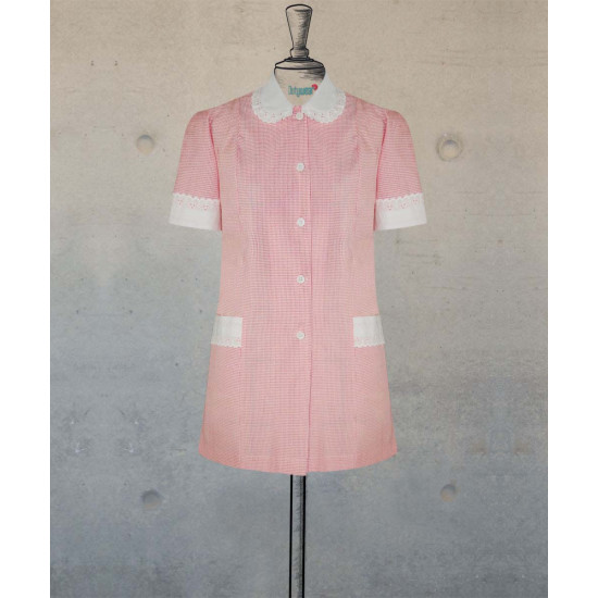 Female Tunic With Round Collar - Small Pink Checks