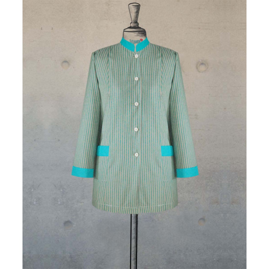 Female Tunic With Mandarin Collar - Green Beige Stripes