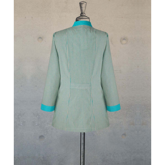 Female Tunic With Mandarin Collar - Green Beige Stripes