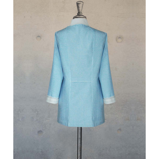 Female Tunic With Round Collar - Sky blue-White Houndstooth